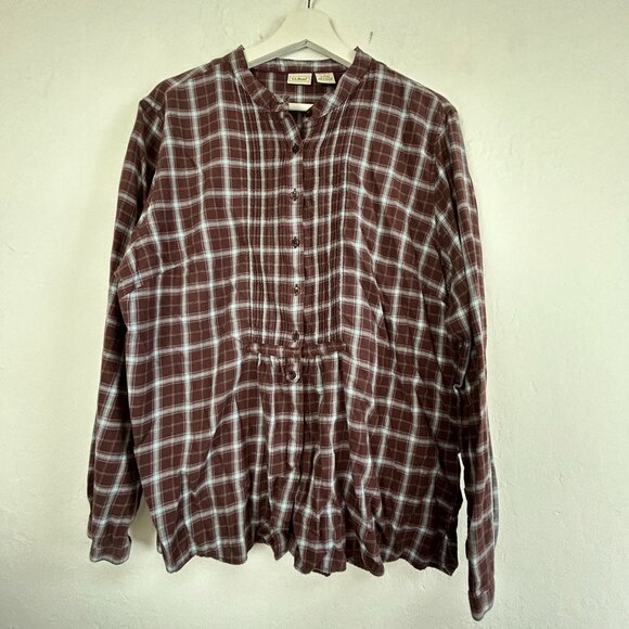 L.L.Bean Womens Plaid Button-Front Pintuck Long-Sleeve Shirt Top Large Burgundy - Picture 1 of 7